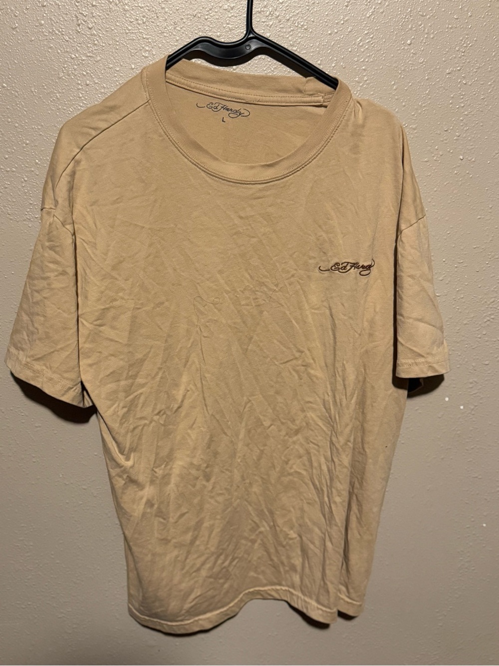 Ed Hardy Beige Short Sleeve Crewneck Tee with Script Logo